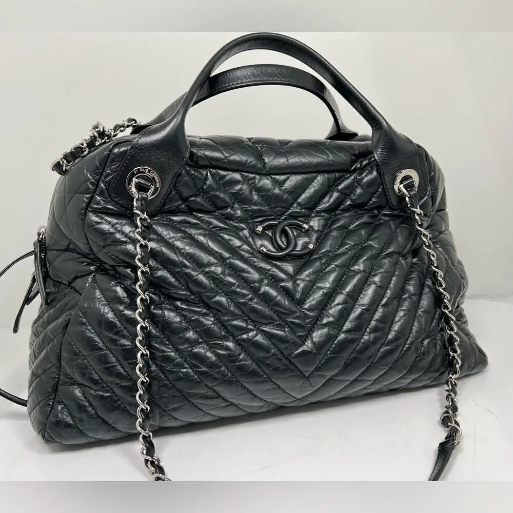 Chanel Soft Bowling Bag Chevron Aged Claf Skin Large Bag